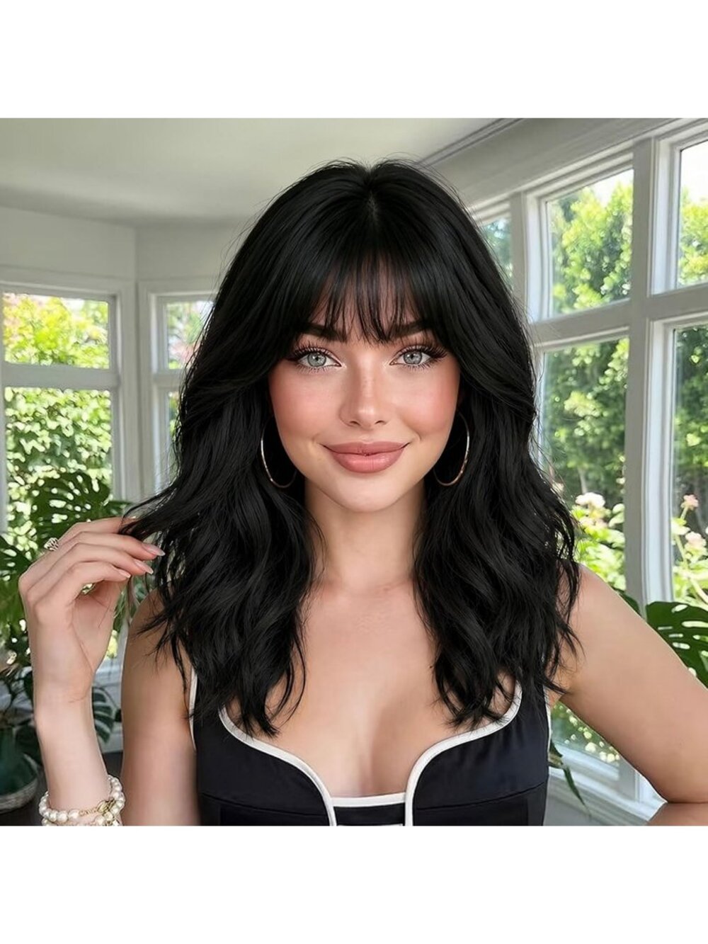 Women's Black Lightweight Highlight Layered Wig Synthetic Curly Wavy with Bang